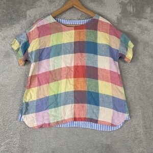 FOIL Top Womens 6 Multicolor Rainbow Plaid Linen Mixed Media Short Sleeve